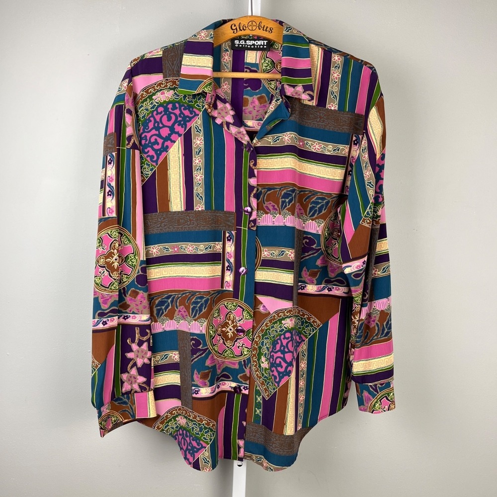 Vintage S.G. Sport Collection Shirt Top Blouse Womens L/XL? Patchwork Print Bold - Picture 2 of 7